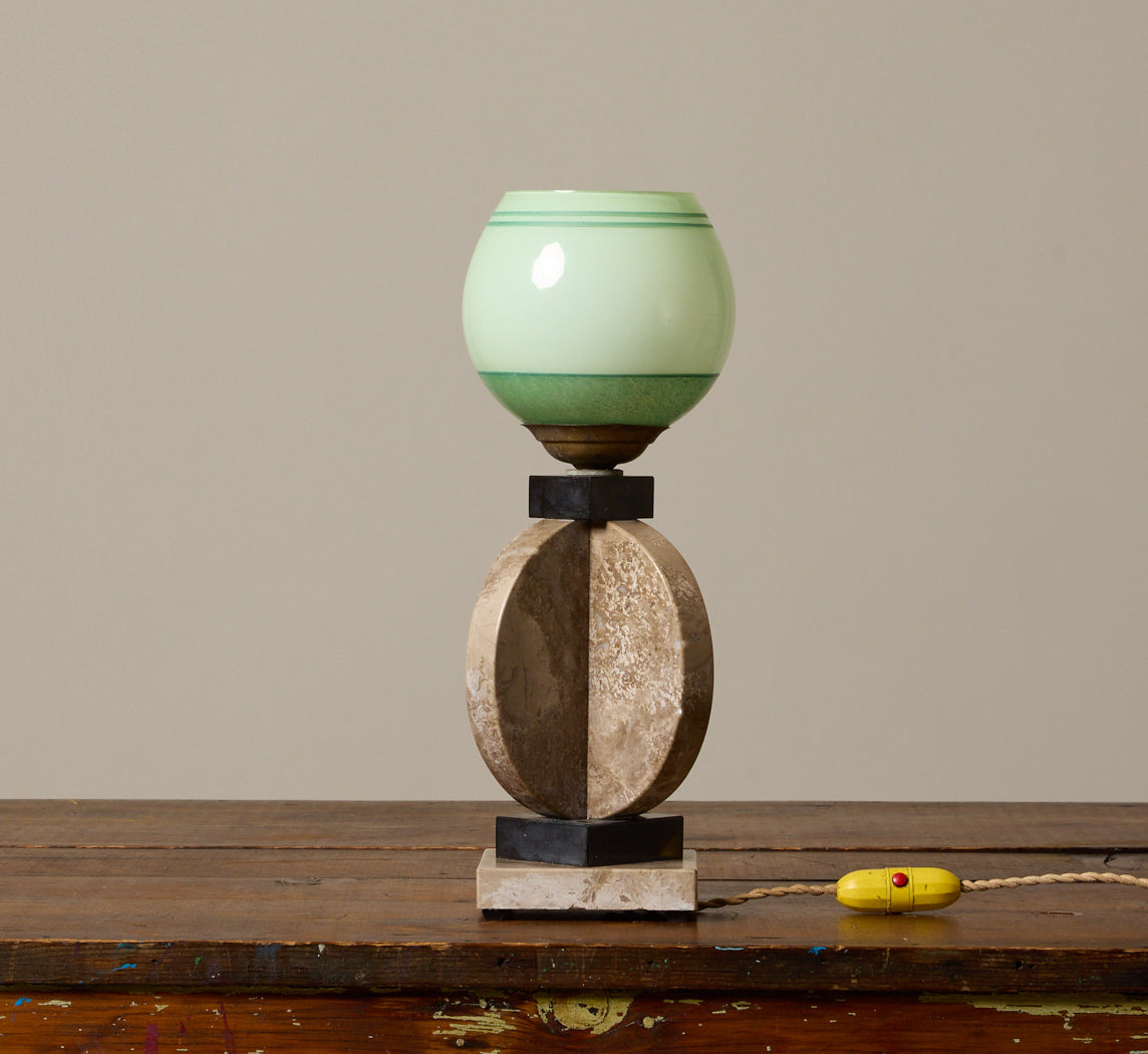 VINTAGE POST MODERN STONE & GREEN GLASS TABLE LAMP