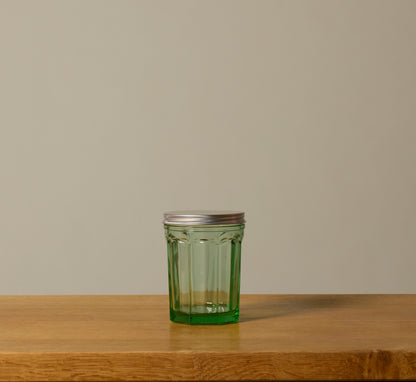 MEDIUM GREEN GLASS JAR WITH LID