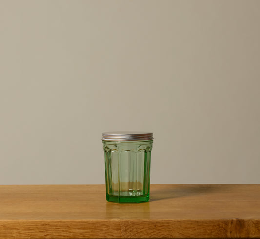 MEDIUM GREEN GLASS JAR WITH LID