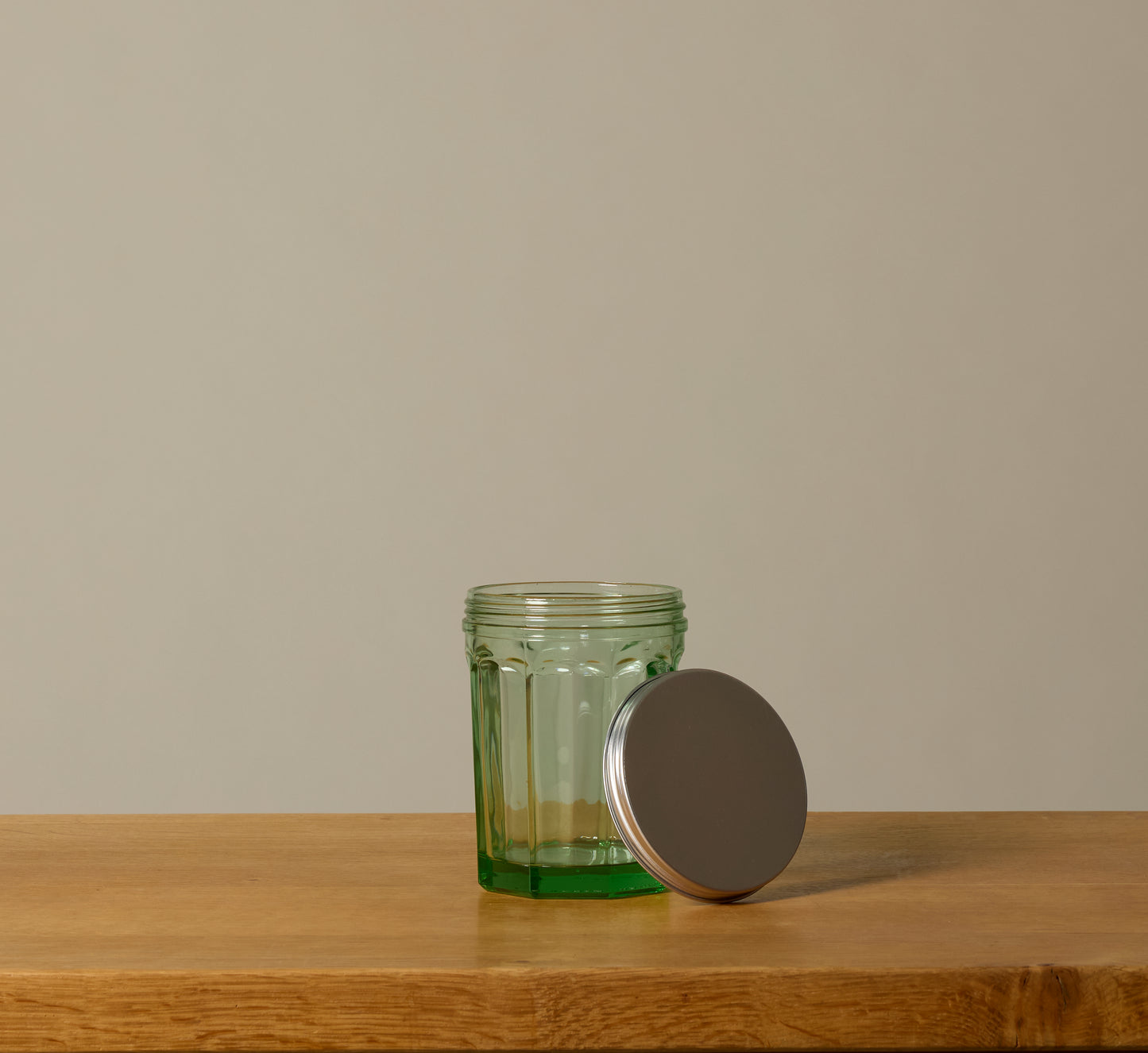 MEDIUM GREEN GLASS JAR WITH LID