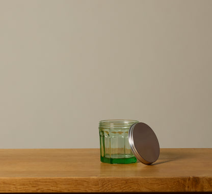 SMALL GREEN GLASS JAR WITH LID