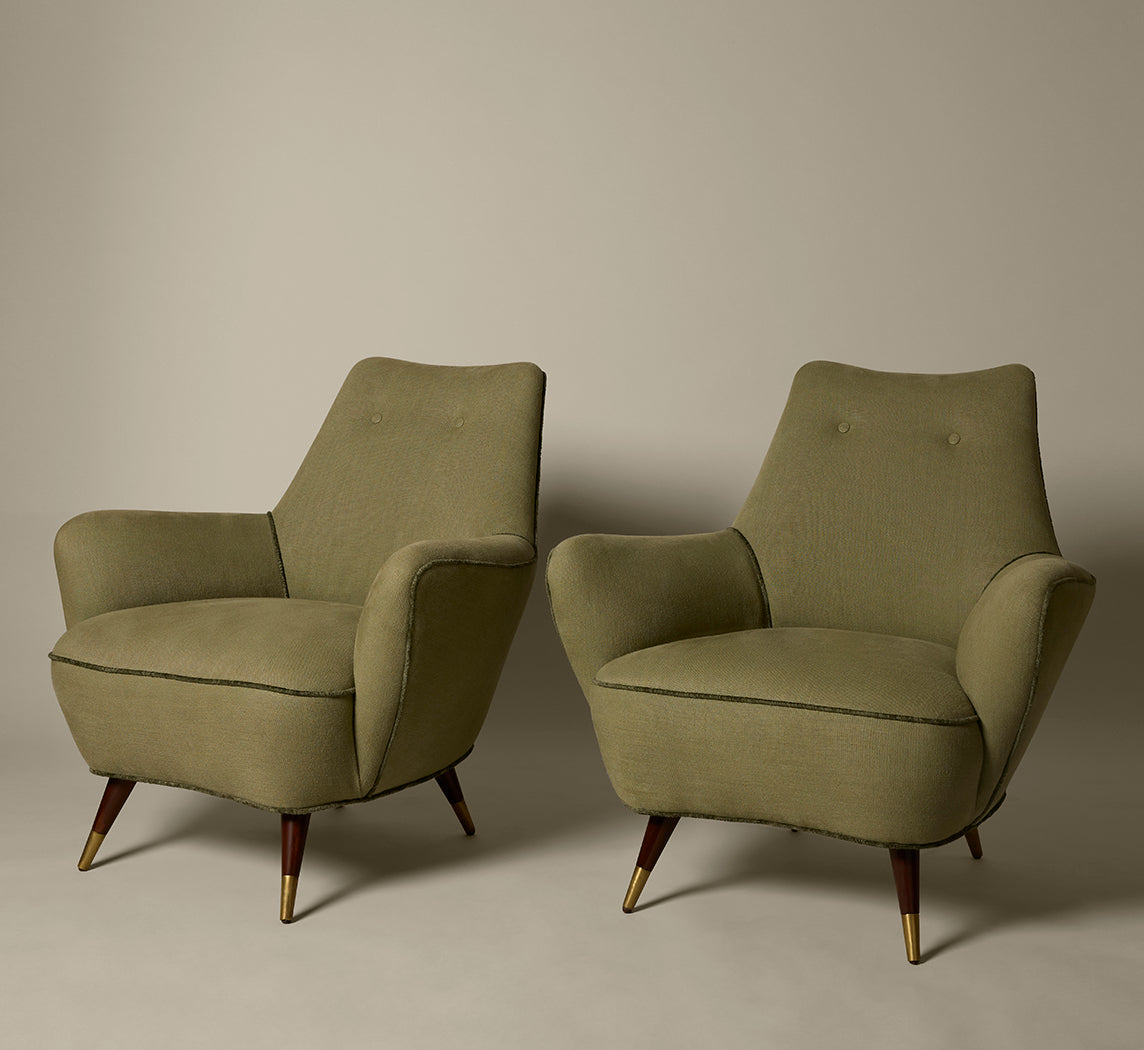 LOUNGE CHAIRS C 1950 IN THE MANNER OF GIO PONTI IN EUCALYPTUS LINEN WITH JUNGLE VELVET TRIM