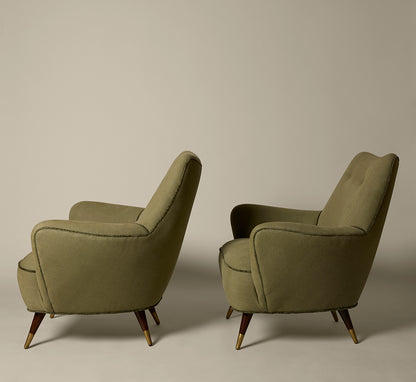 LOUNGE CHAIRS C 1950 IN THE MANNER OF GIO PONTI IN EUCALYPTUS LINEN WITH JUNGLE VELVET TRIM