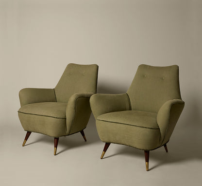 LOUNGE CHAIRS C 1950 IN THE MANNER OF GIO PONTI IN EUCALYPTUS LINEN WITH JUNGLE VELVET TRIM