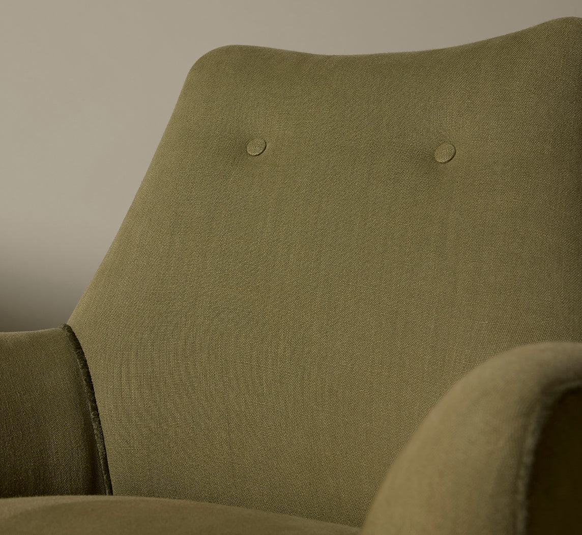 LOUNGE CHAIRS C 1950 IN THE MANNER OF GIO PONTI IN EUCALYPTUS LINEN WITH JUNGLE VELVET TRIM