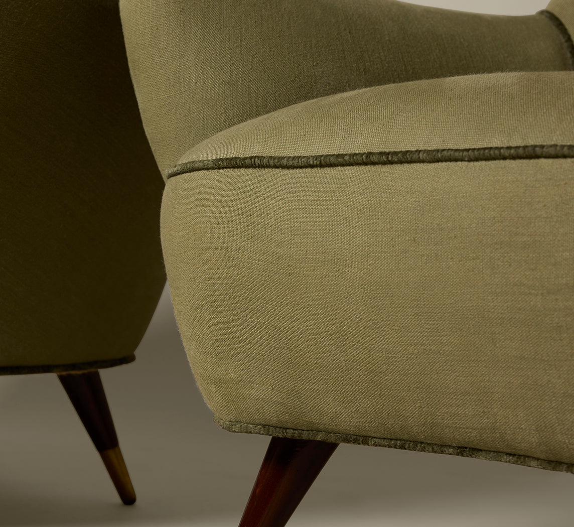 LOUNGE CHAIRS C 1950 IN THE MANNER OF GIO PONTI IN EUCALYPTUS LINEN WITH JUNGLE VELVET TRIM