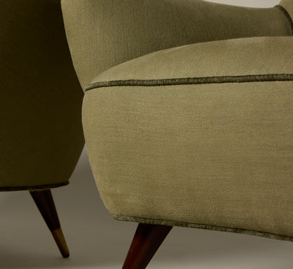 LOUNGE CHAIRS C 1950 IN THE MANNER OF GIO PONTI IN EUCALYPTUS LINEN WITH JUNGLE VELVET TRIM