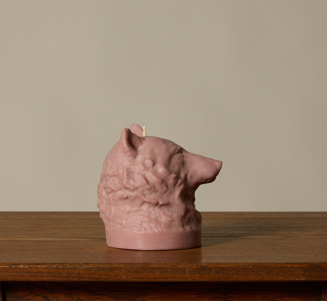 BRITISH COLOUR STANDARD ANIMAL HEAD WOLF CANDLE IN OLD ROSE