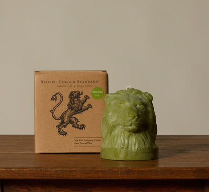 BRITISH COLOUR STANDARD ANIMAL HEAD LION CANDLE IN OLIVE