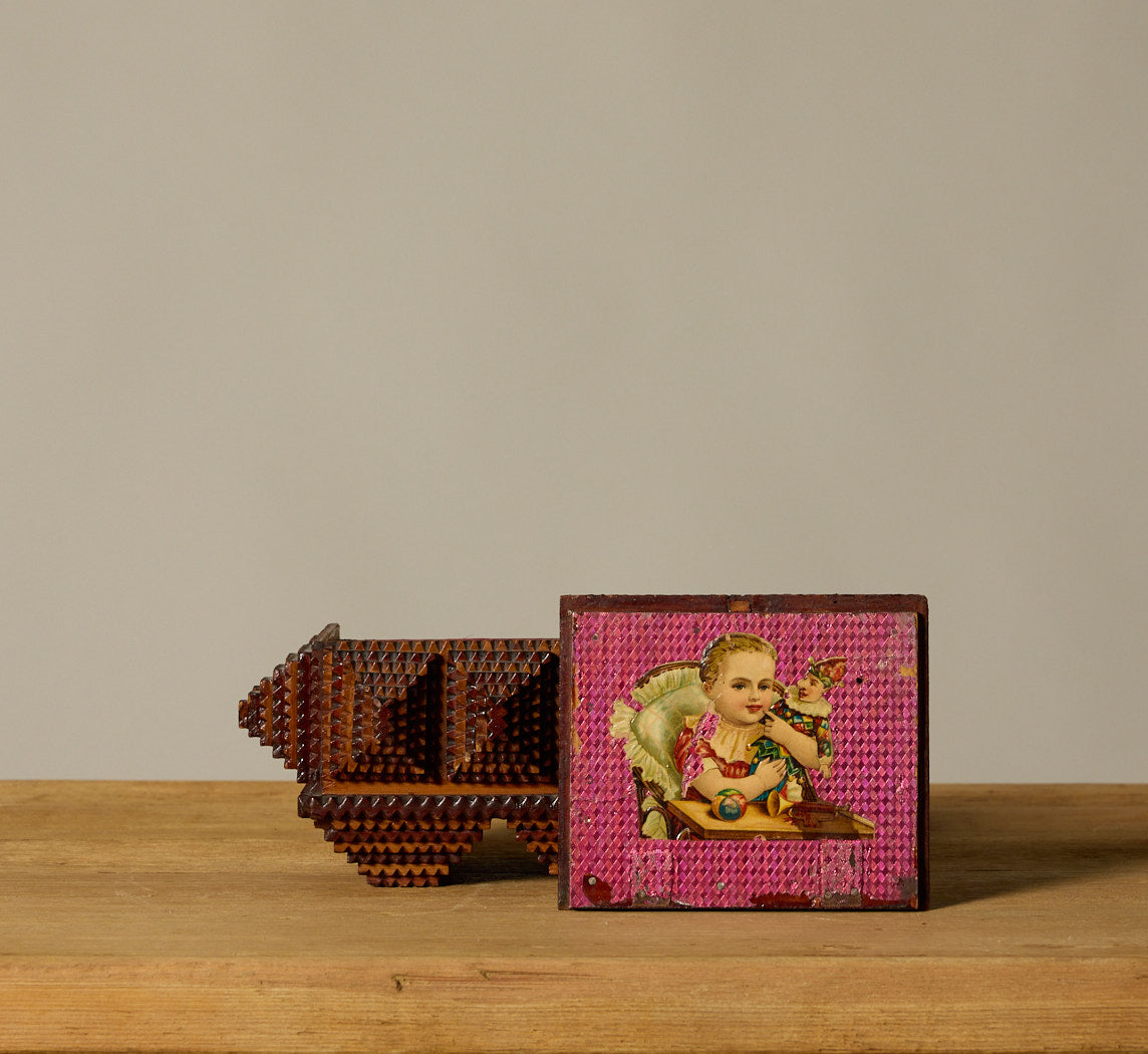 TRAMP ART PYRAMID BOX WITH VELVET INLAY