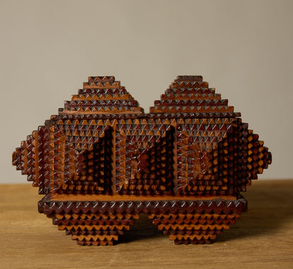 TRAMP ART PYRAMID BOX WITH VELVET INLAY