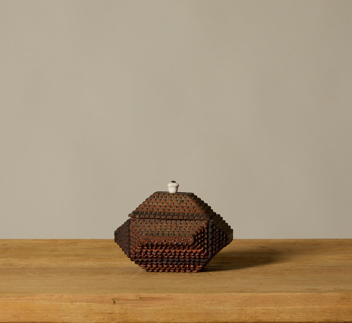 HAND-CARVED TRAMP ART BOX WITH MARBLE HANDLE