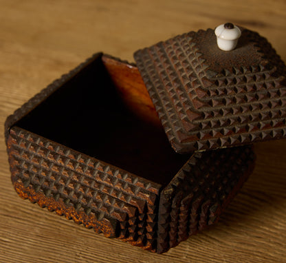 HAND-CARVED TRAMP ART BOX WITH MARBLE HANDLE