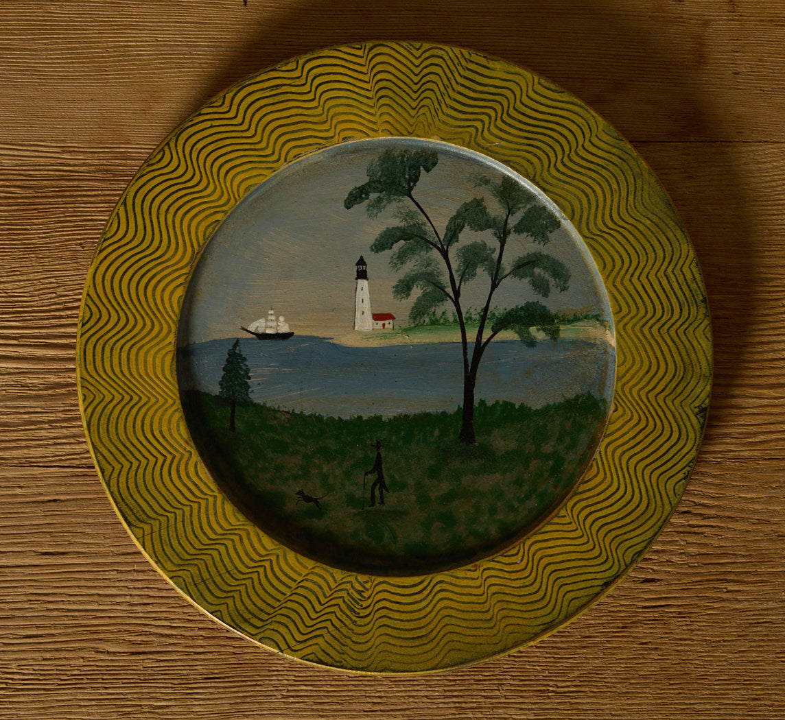 HAND PAINTED WOODEN FOLK ART PLATE IN GREEN