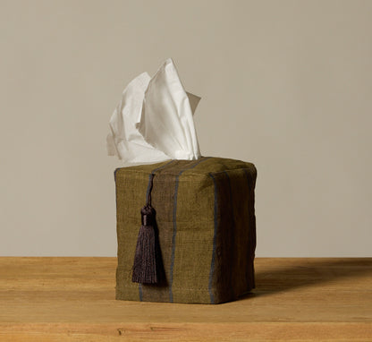 PIERCE & WARD OLIVE AND COFFEE STRIPE LINEN TISSUE BOX COVER