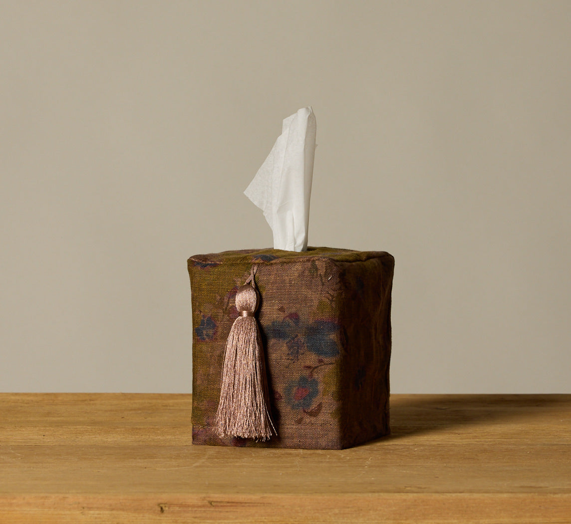 PIERCE & WARD OLIVE FLORAL LINEN TISSUE BOX COVER