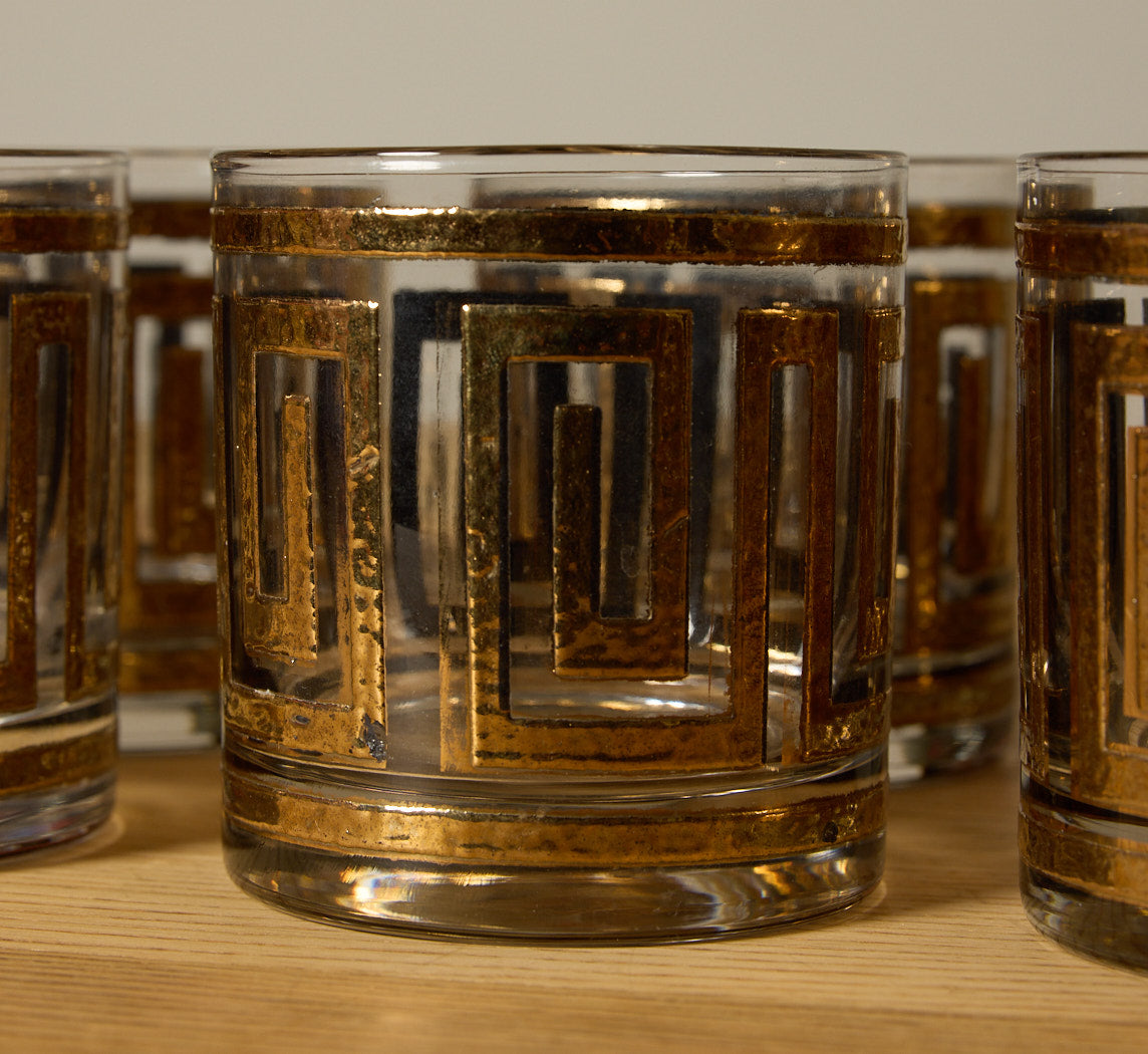 SET OF 6 22K GOLD GREEK KEY VINTAGE GLASSES