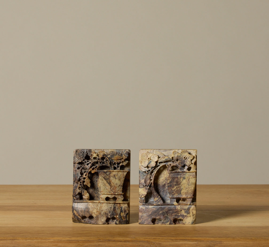 SOAPSTONE BOOKENDS WITH CARVED FLORAL MOTIF