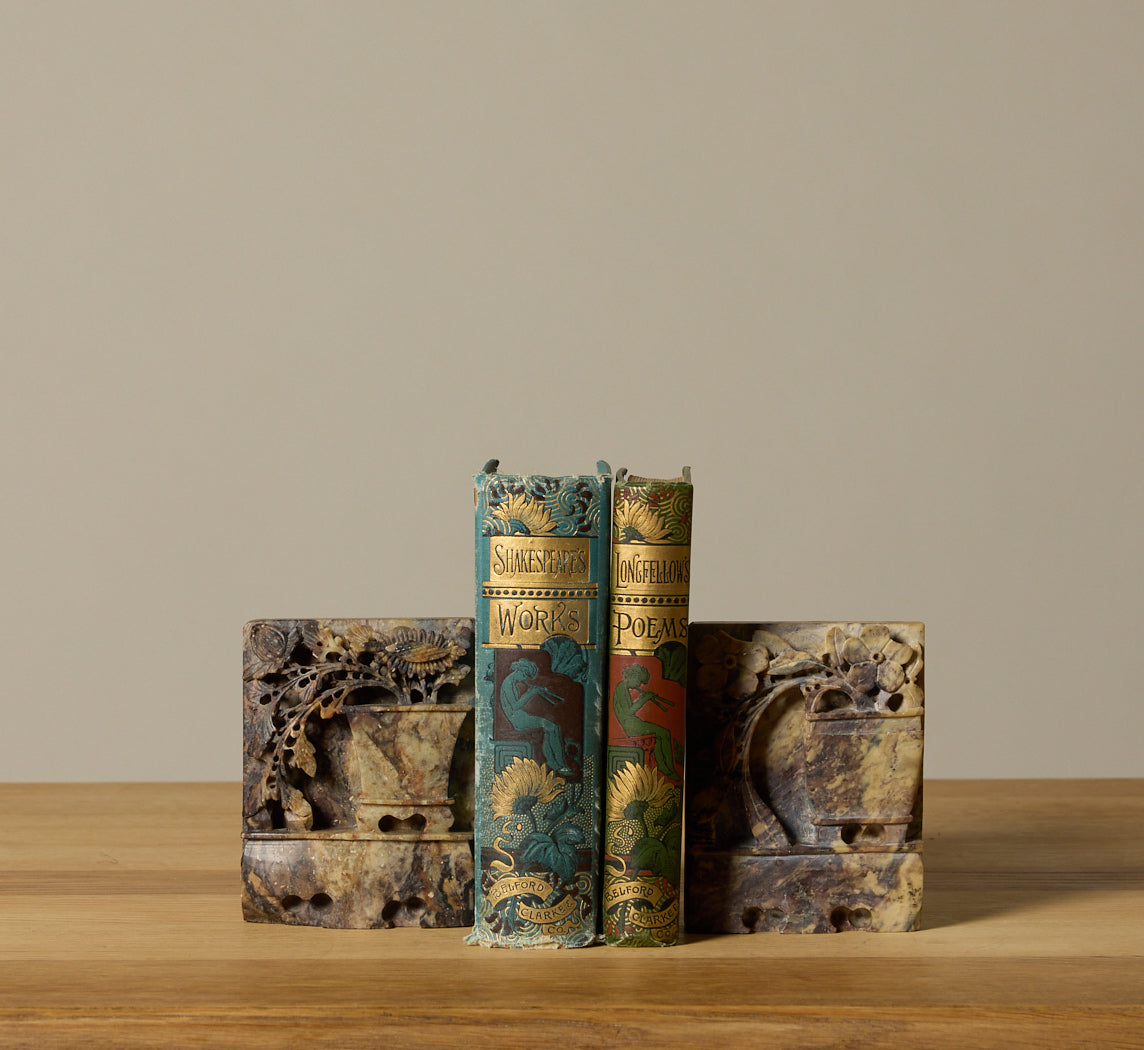 SOAPSTONE BOOKENDS WITH CARVED FLORAL MOTIF