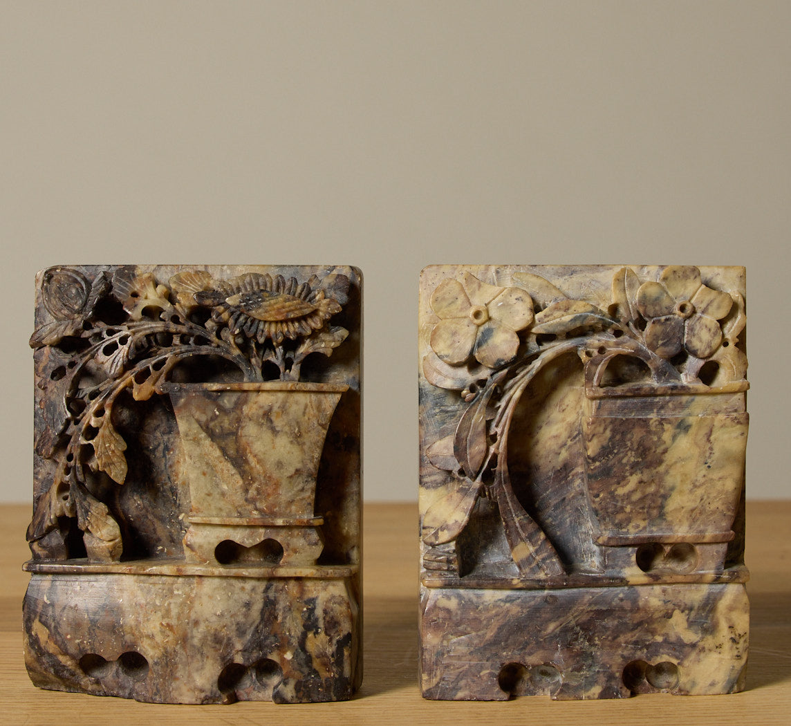 SOAPSTONE BOOKENDS WITH CARVED FLORAL MOTIF