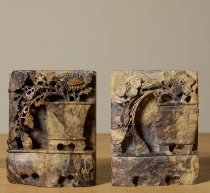 SOAPSTONE BOOKENDS WITH CARVED FLORAL MOTIF