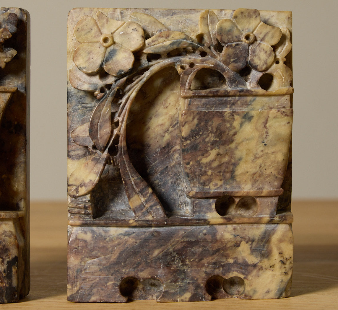 SOAPSTONE BOOKENDS WITH CARVED FLORAL MOTIF