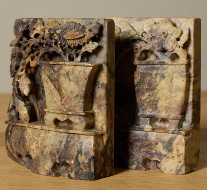 SOAPSTONE BOOKENDS WITH CARVED FLORAL MOTIF