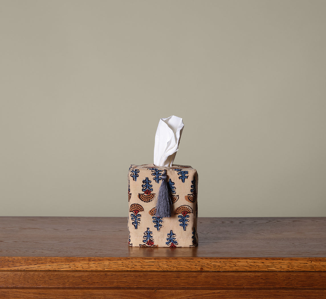 PIERCE & WARD ECRU BLOCK PRINT TISSUE BOX COVER WITH BLUE TASSEL