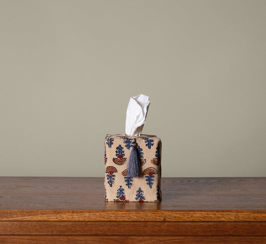 PIERCE & WARD ECRU BLOCK PRINT TISSUE BOX COVER WITH BLUE TASSEL