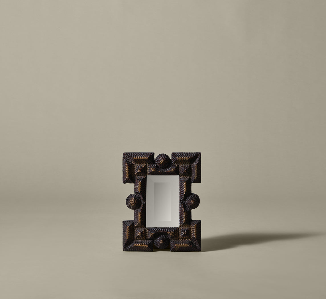 19TH CENTURY GEOMETRIC TRAMP ART MIRROR 9" X 12"