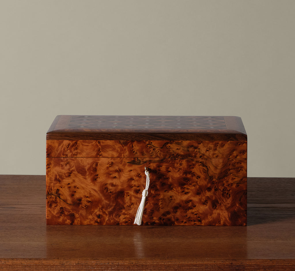 BURL WOOD BOX WITH MOTHER-OF-PEARL INLAY