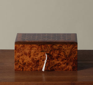 BURL WOOD BOX WITH MOTHER-OF-PEARL INLAY
