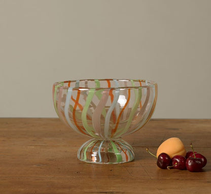 HAND PAINTED GLASS FOOTED BOWL WITH STRIPES