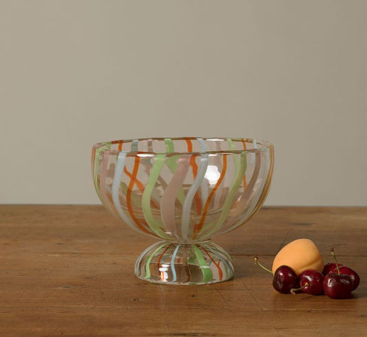 HAND PAINTED GLASS FOOTED BOWL WITH STRIPES