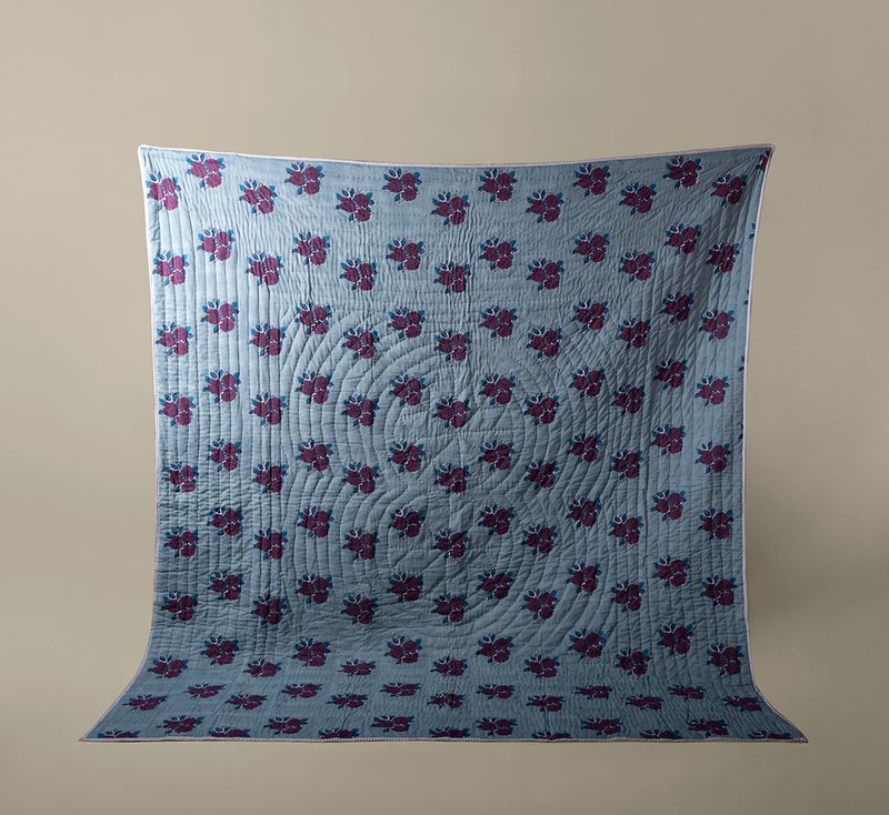 SARA  HAND BLOCK-PRINTED REVERSIBLE QUILT IN DENIM BLUE (QUEEN/KING)