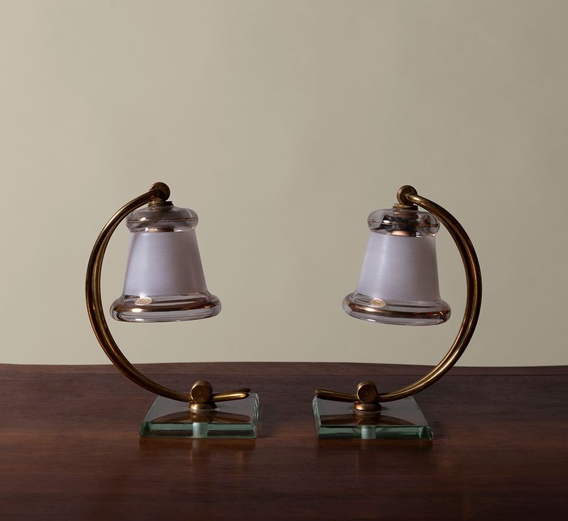 PAIR OF 1950'S ITALIAN GLASS AND BRASS BELL LAMPS