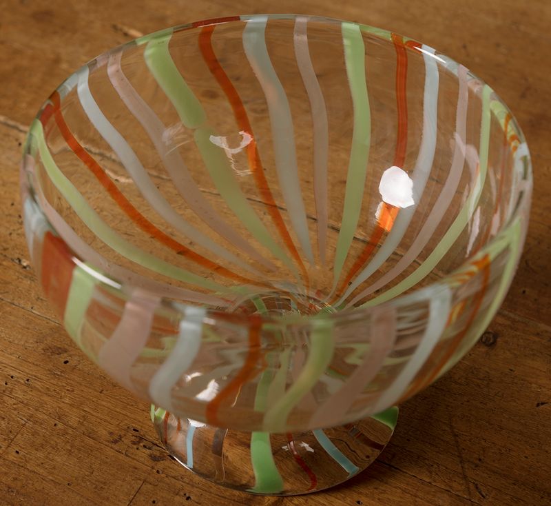 HAND PAINTED GLASS FOOTED BOWL WITH STRIPES