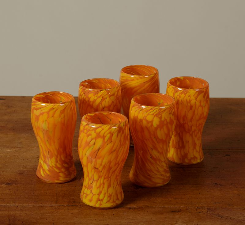 PIERCE & WARD HAND BLOWN SWIRL GLASSES IN TANGERINE AND DANDELION