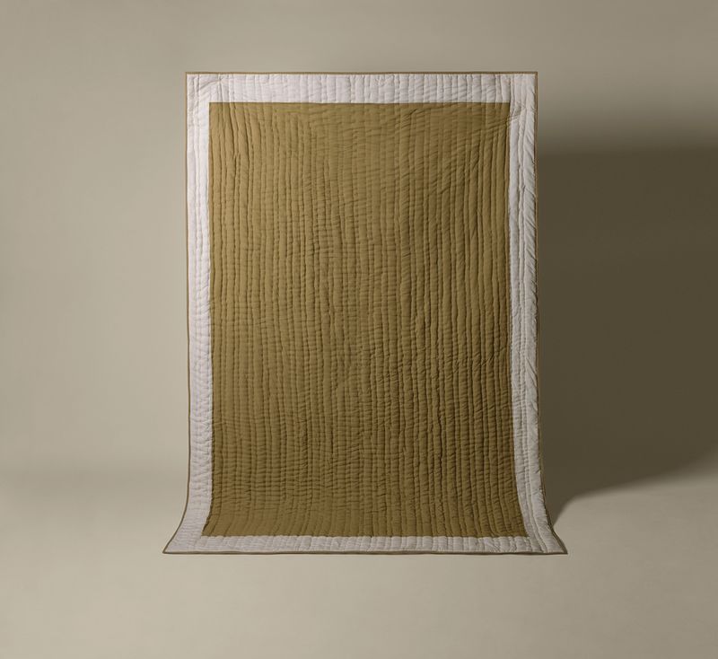 HAND-BLOCK PRINTED GRID QUILT IN OLIVE
