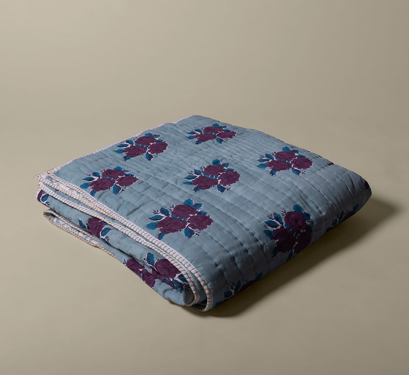 SARA  HAND BLOCK-PRINTED REVERSIBLE QUILT IN DENIM BLUE (QUEEN/KING)