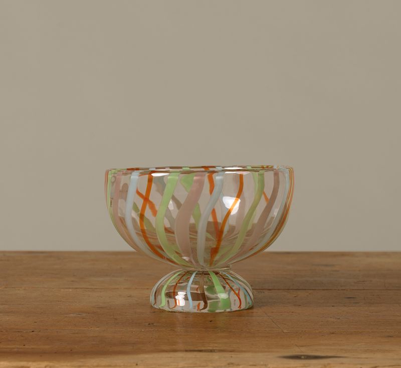 HAND PAINTED GLASS FOOTED BOWL WITH STRIPES