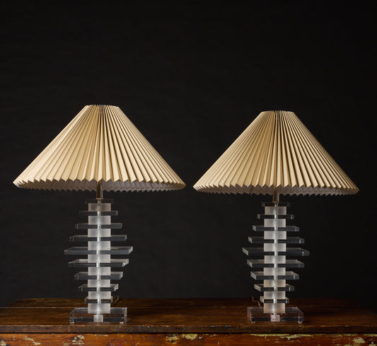 PAIR OF VINTAGE STACKED LUCITE TABLE LAMPS IN THE STYLE OF KARL SPRINGER