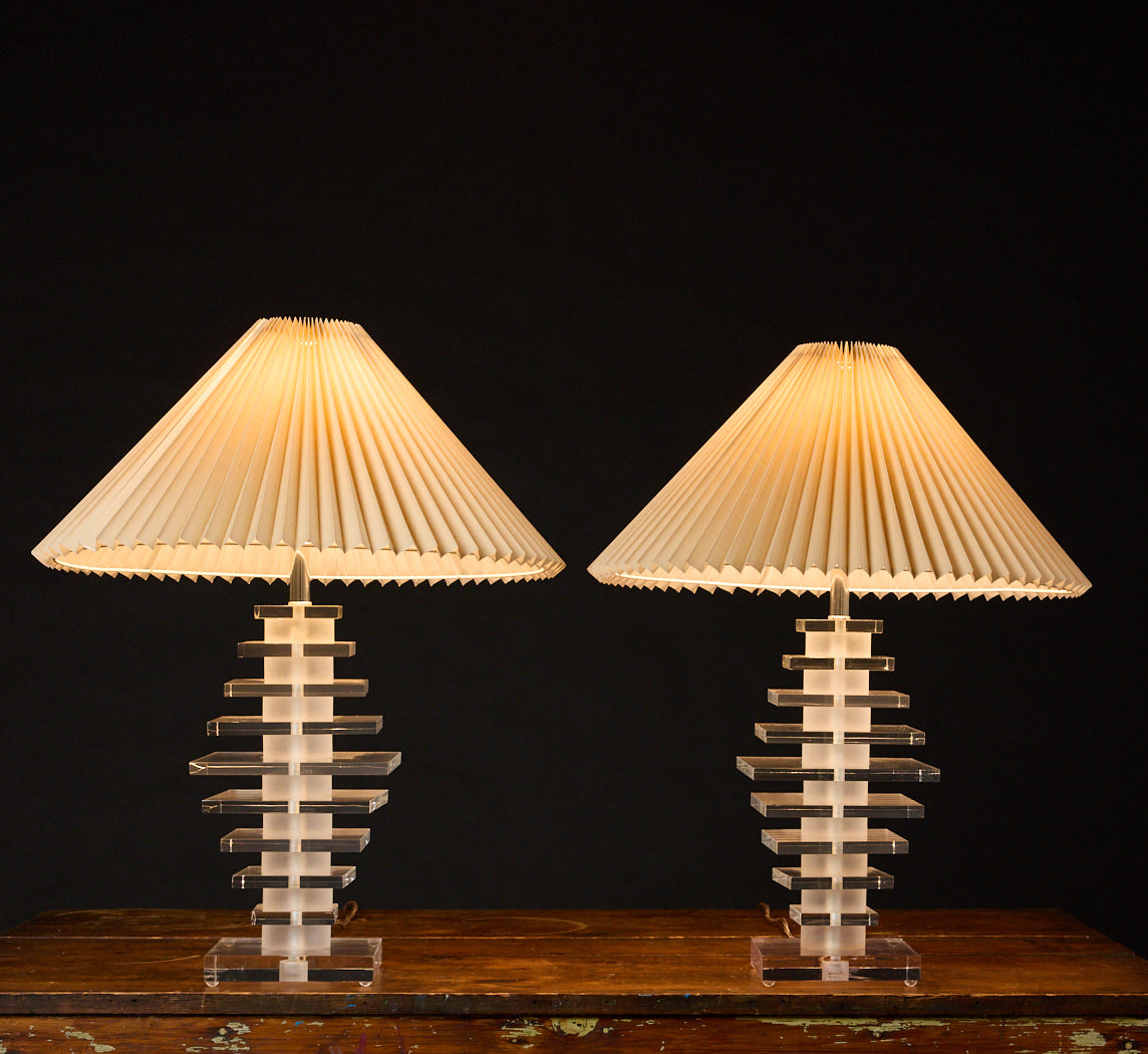 PAIR OF VINTAGE STACKED LUCITE TABLE LAMPS IN THE STYLE OF KARL SPRINGER