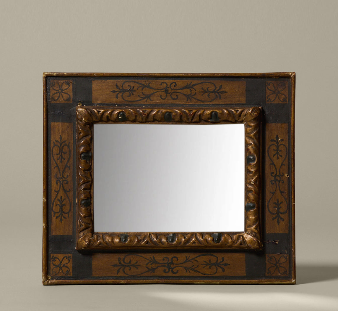 ANTIQUE HAND CARVED AND PAINTED SPANISH FRAME WITH BEVELED MIRROR
