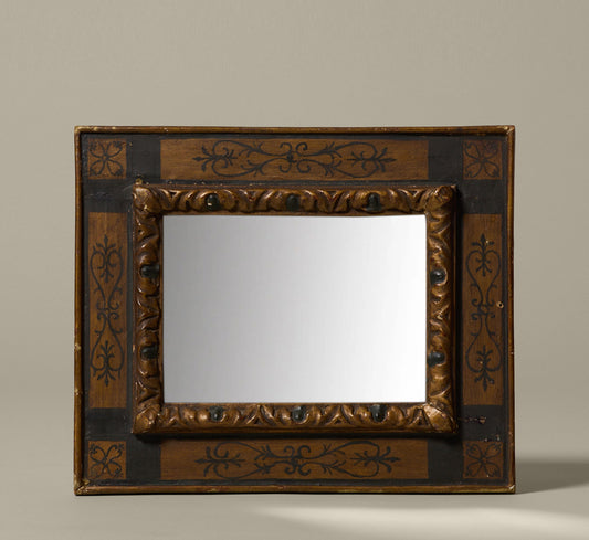 ANTIQUE HAND CARVED AND PAINTED SPANISH FRAME WITH BEVELED MIRROR