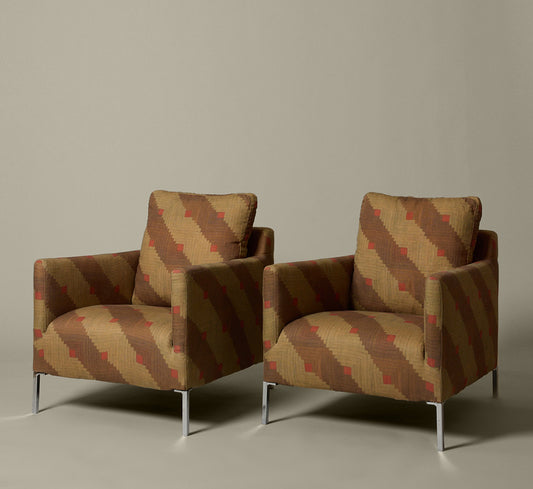 VINTAGE B&B ITALIA ARM CHAIRS WITH CHROME LEGS IN PIERCE & WARD QUILT LINEN