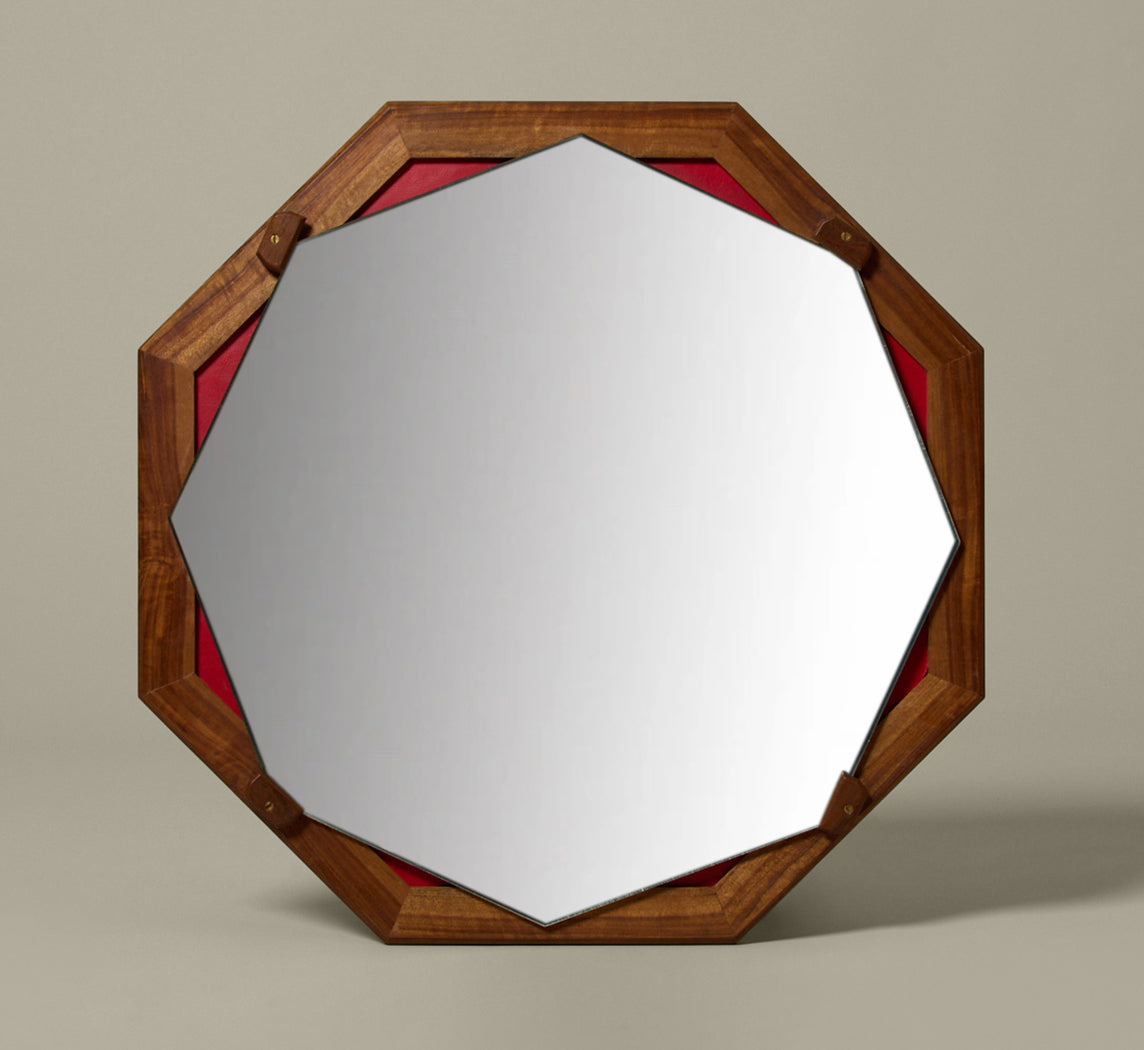 1970S ITALIAN WOOD & LEATHERETTE OCTAGONAL WALL MIRROR
