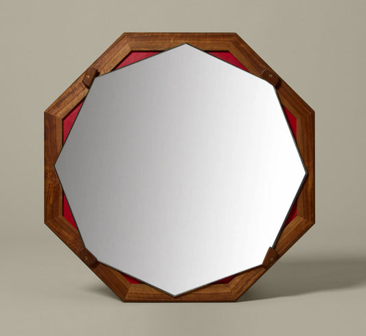 1970S ITALIAN WOOD & LEATHERETTE OCTAGONAL WALL MIRROR