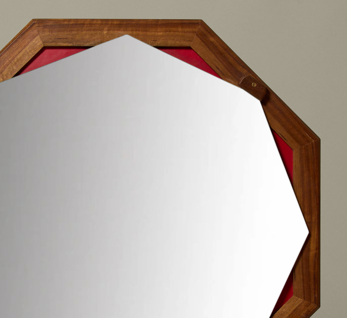 1970S ITALIAN WOOD & LEATHERETTE OCTAGONAL WALL MIRROR
