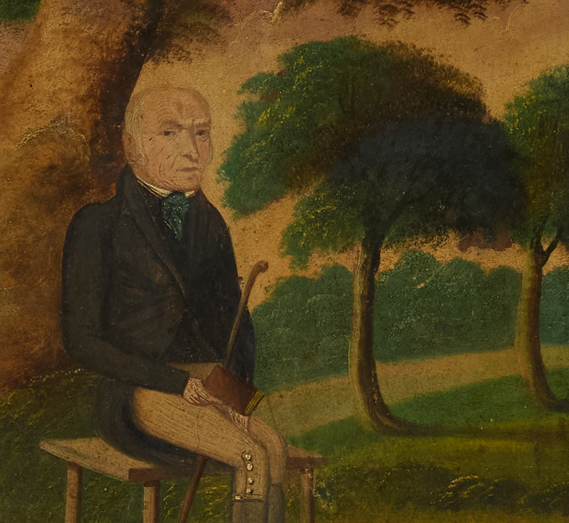 19TH CENTURY FOLK ART PORTRAIT OF A GENTLEMAN IN THE PARK